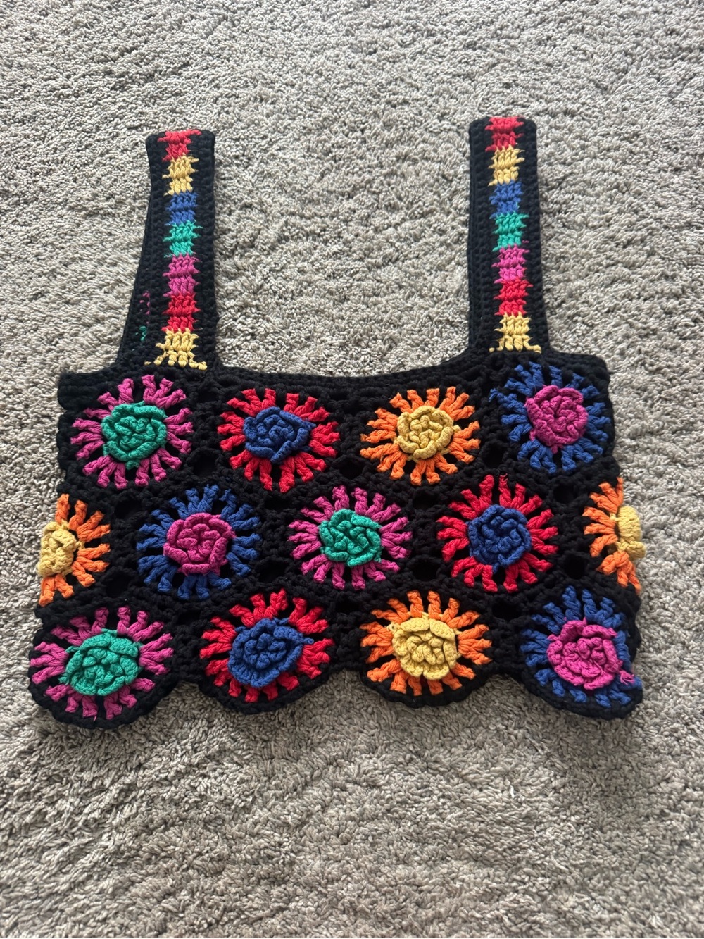 FARM Rio Black Crochet Floral Square-Neck Crop Top with Multi-Colored Motifs - Picture 2 of 4